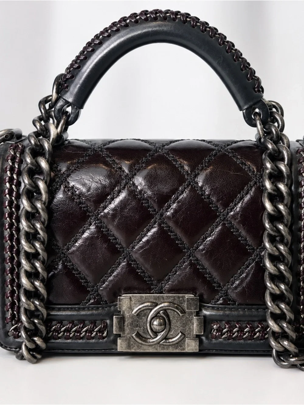 CHANEL Boy 2-Way Chain Shoulder Bag Black Brown Quilted Top Handle 8”
